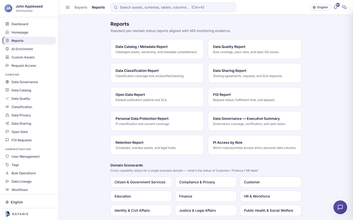 Report library with standard reports and domain scorecards
